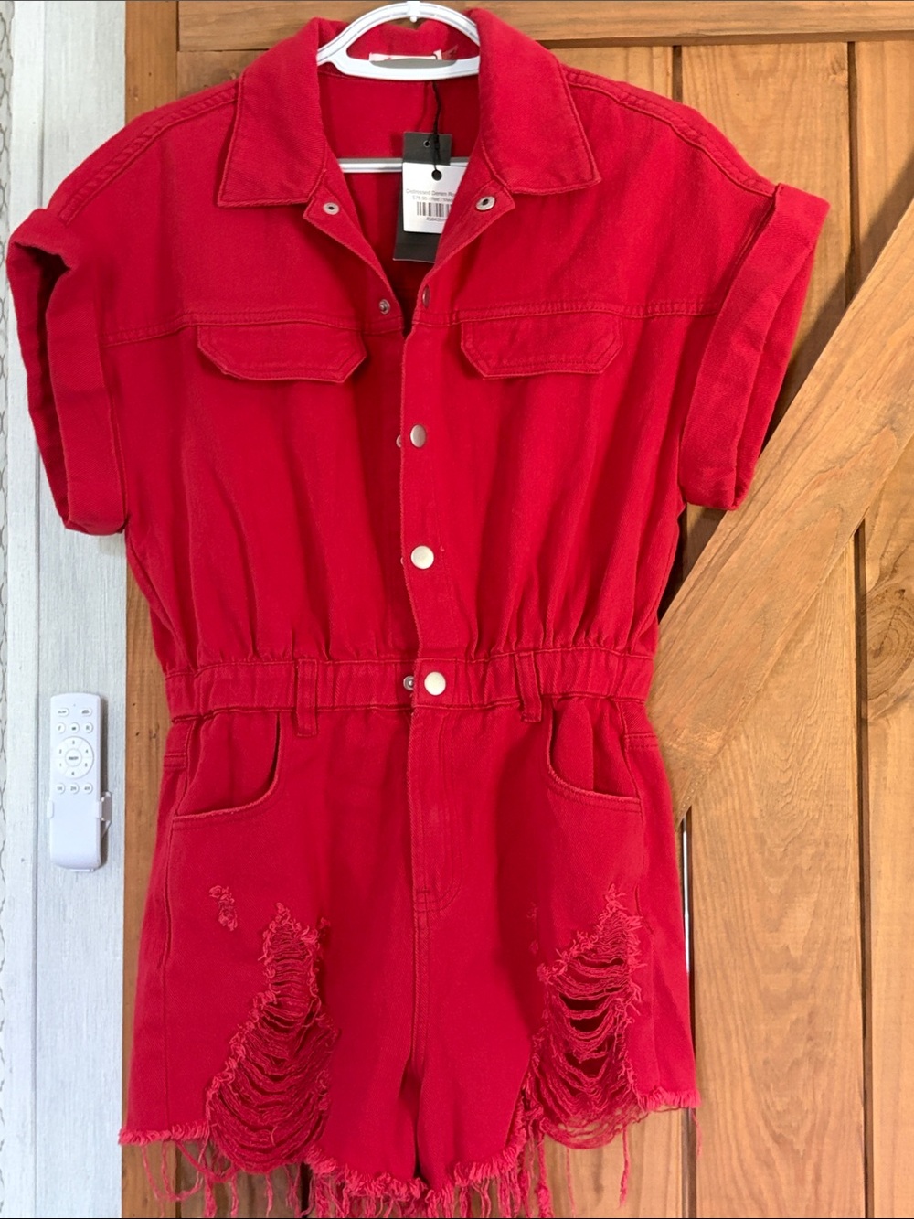 Red Short Sleeve Denim One-Piece Romper